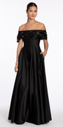 black/size/4/missy/Camille La Vie/Satin Off the Shoulder Ballgown with Rhinestone Bow Detail /front