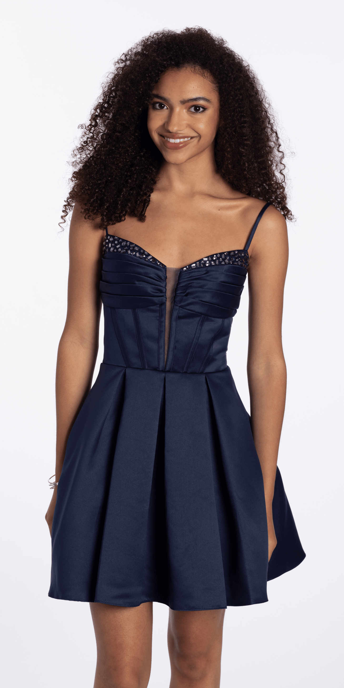 navy/size/4/miss/Camille La Vie/Satin Pleated Plunge Gemstone Fit and Flare Dress/front