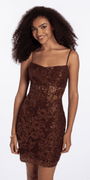 Camille La Vie Glitter Mesh Bodycon Dress with Illusion Corset Bodice junior / 0 / brown