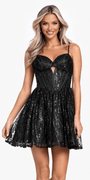 black/size/4/missy/Camille La Vie/Sweetheart Glitter Mesh Corset Fit and Flare Dress/front