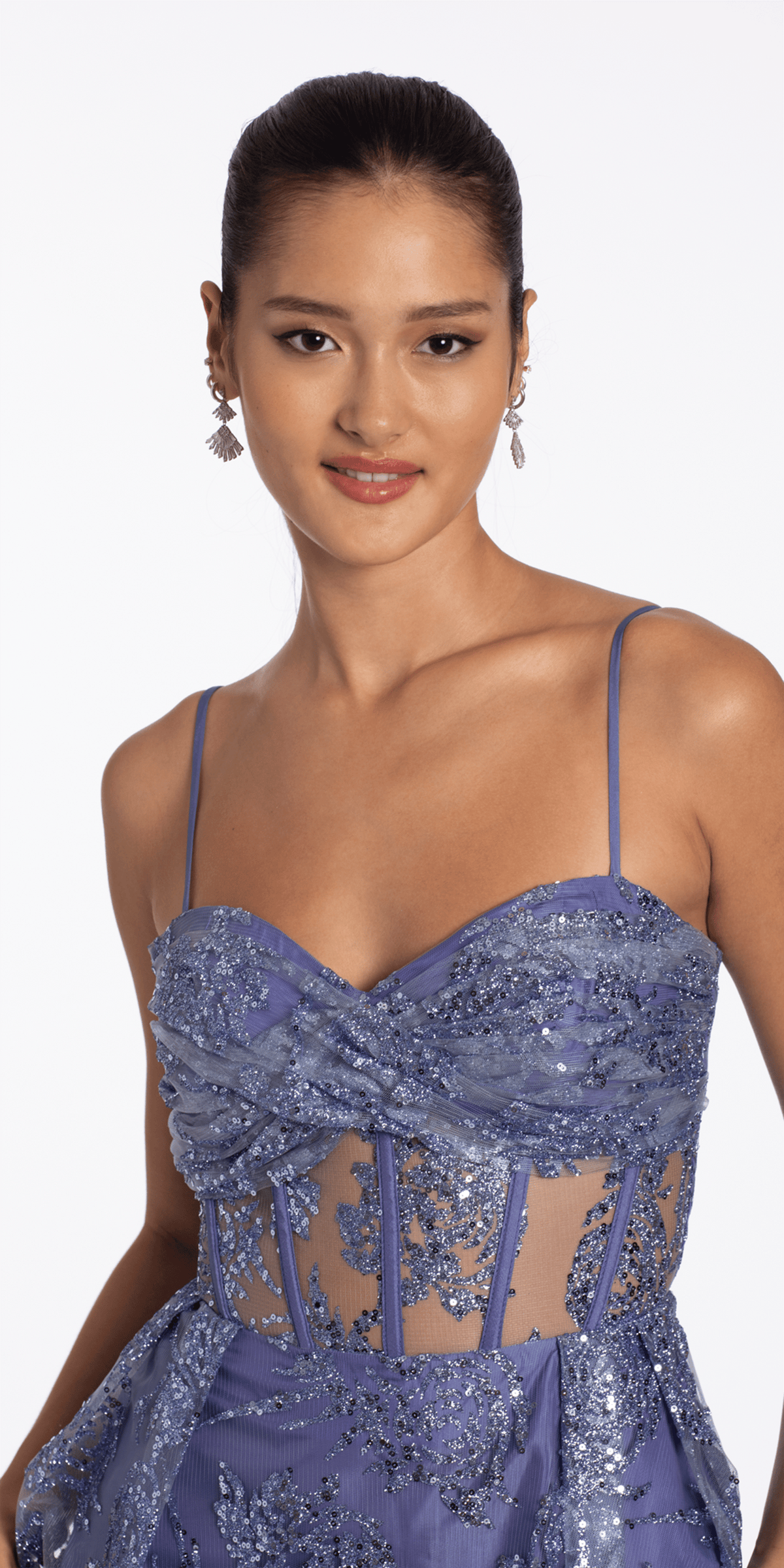 Camille La Vie Glitter Mesh Twist Bodice Corset Fit and Flare Dress junior / 0 / periwinkle