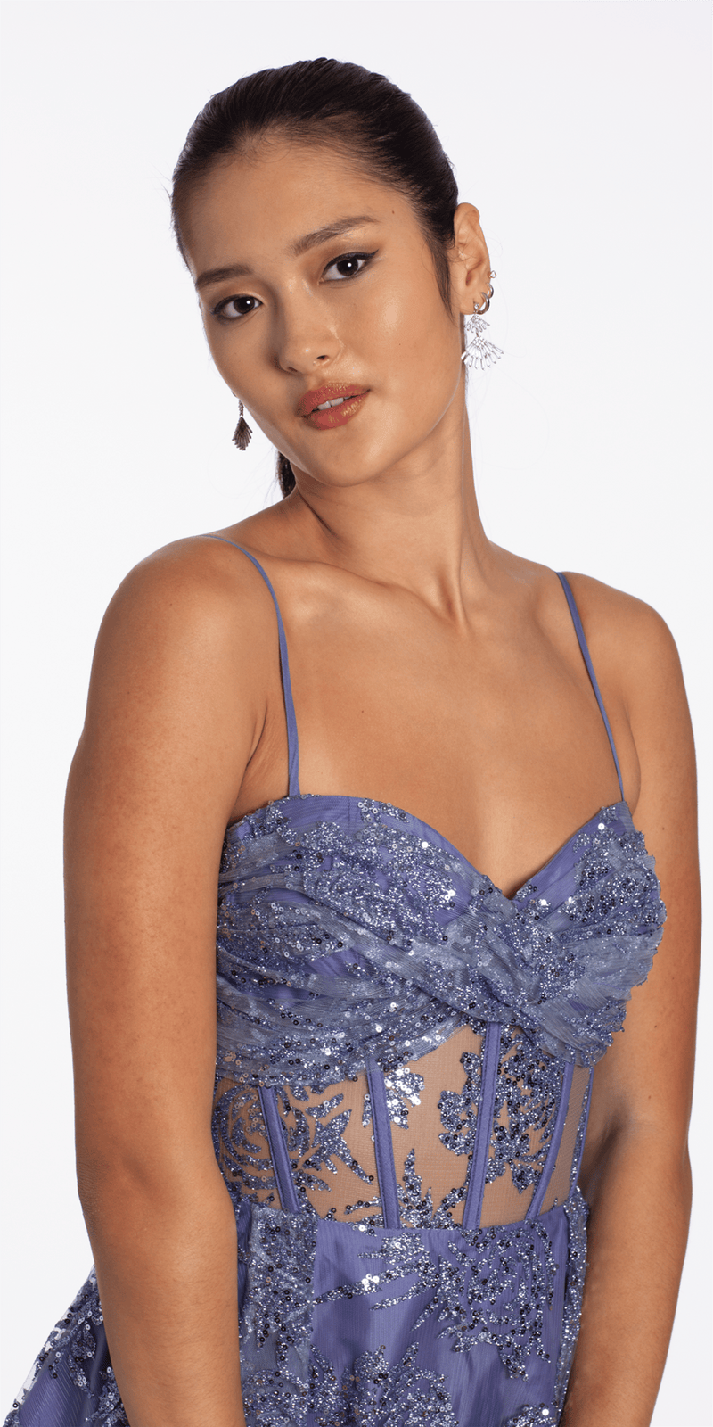 Camille La Vie Glitter Mesh Twist Bodice Corset Fit and Flare Dress