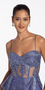 Camille La Vie Glitter Mesh Twist Bodice Corset Fit and Flare Dress junior / 0 / periwinkle