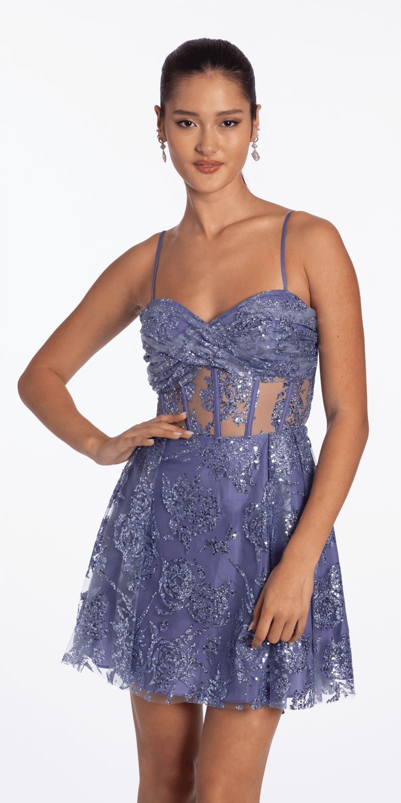 Camille La Vie Glitter Mesh Twist Bodice Corset Fit and Flare Dress