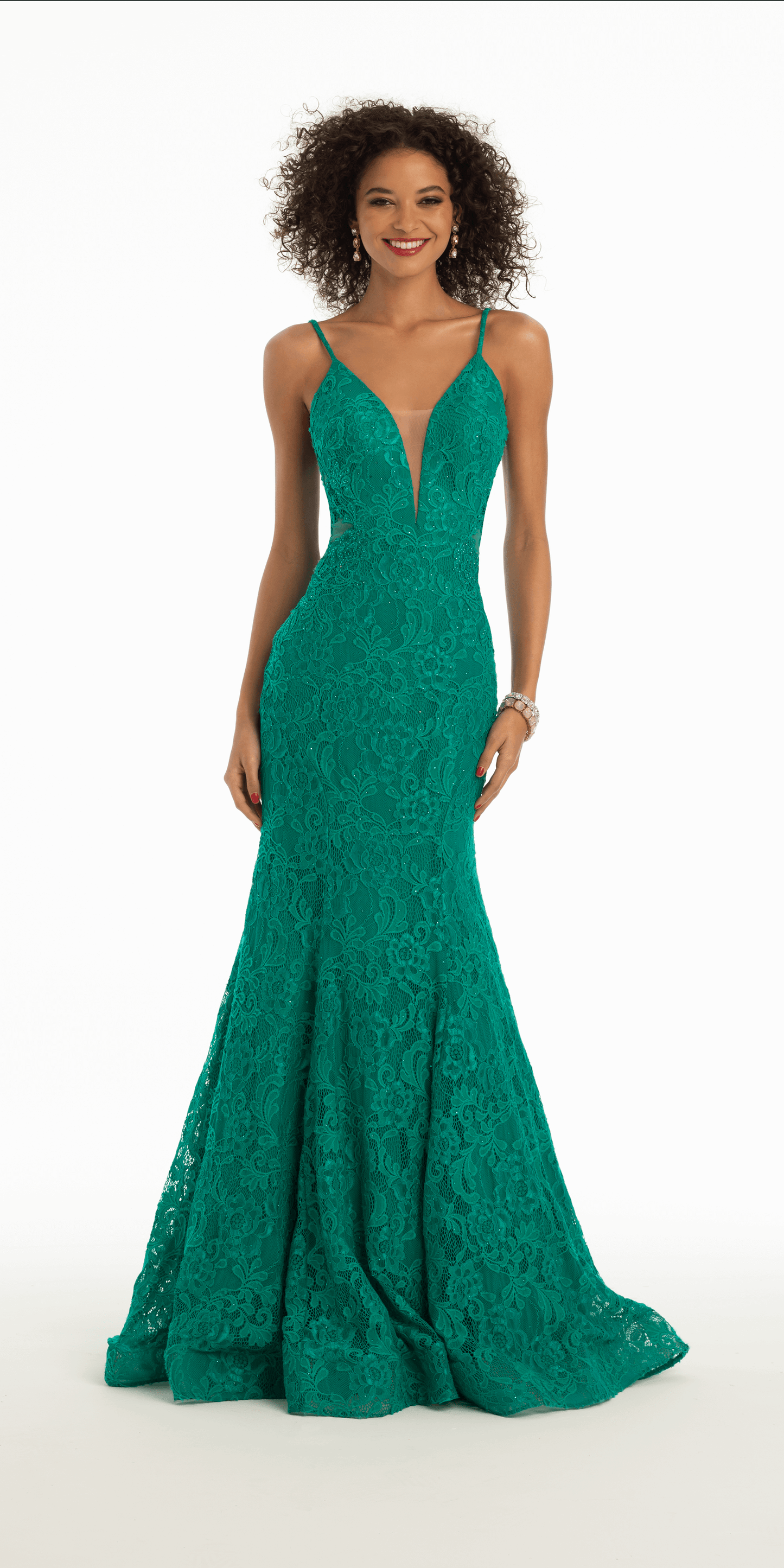 Camille La Vie Lace Plunge Mermaid Dress with Illusion Side Panels