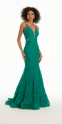 Lace Plunge Mermaid Dress with Illusion Side Panels Image 3