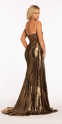 Strapless Metallic Lace Up Back Trumpet Dress with Side Cascade Image 4