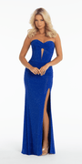 Stone Encrusted Strapless Corset Column Dress with Exaggerated Slit Image 1