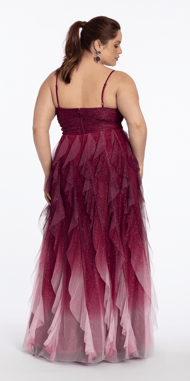 pink/size/14/plus/Camille La Vie/Ombre Glitter Mesh V Neck Ballgown with Tendrils /back