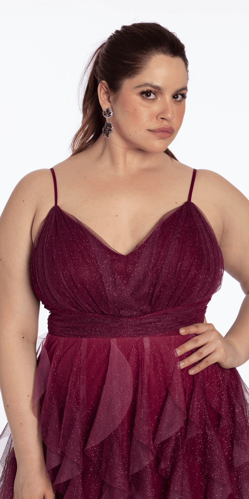 pink/size/14/plus/Camille La Vie/Ombre Glitter Mesh V Neck Ballgown with Tendrils /close up