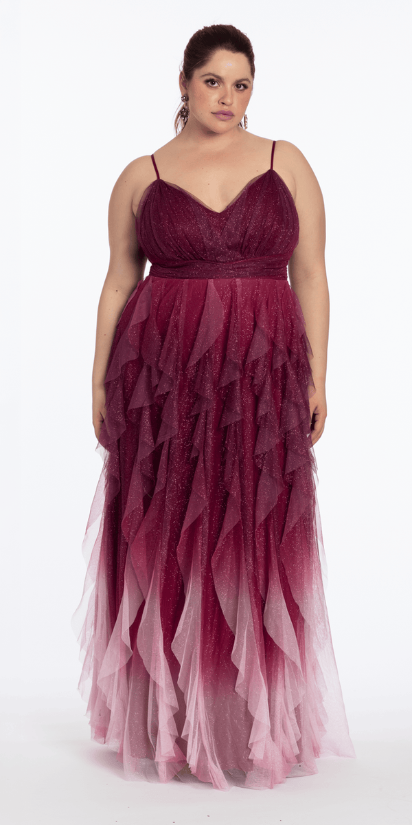 pink/size/14/plus/Camille La Vie/Ombre Glitter Mesh V Neck Ballgown with Tendrils /front alt