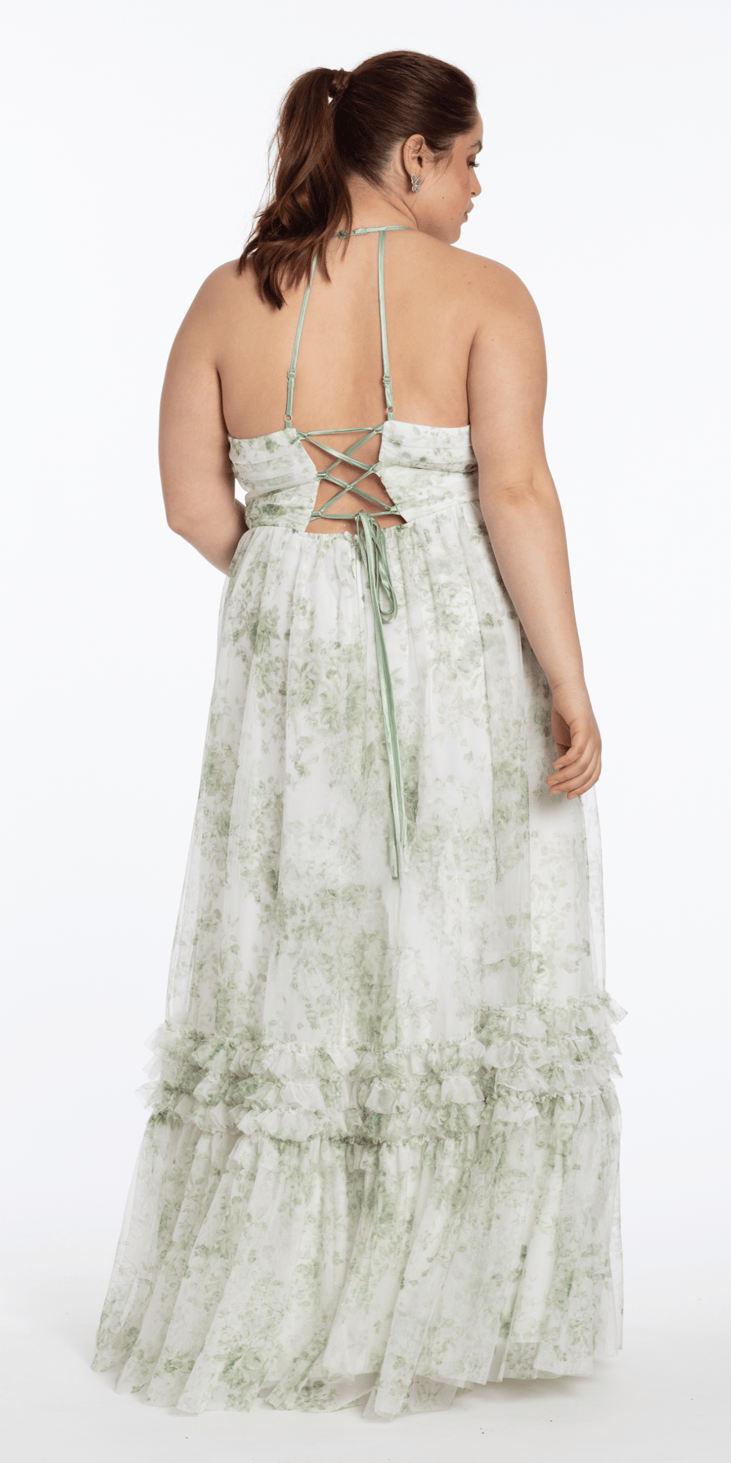 ivory-sage/size/14/plus/Camille La Vie/Floral Mesh Strappy Back Halter A Line Dress with Ruffle Tiered Hem /back