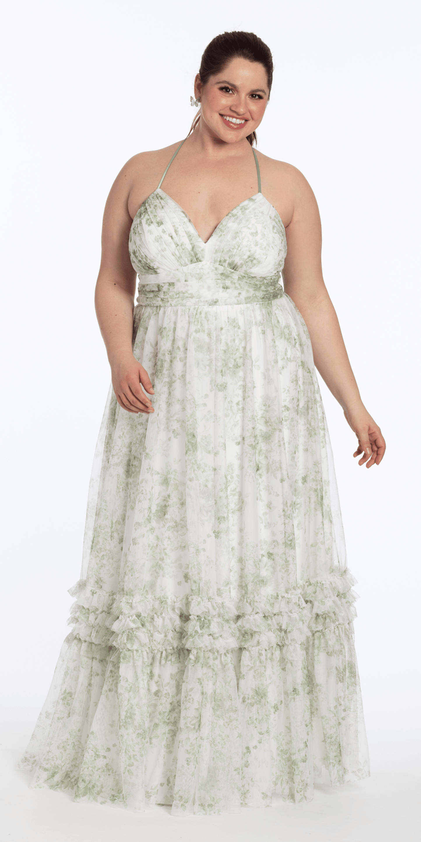 ivory-sage/size/14/plus/Camille La Vie/Floral Mesh Strappy Back Halter A Line Dress with Ruffle Tiered Hem /front alt