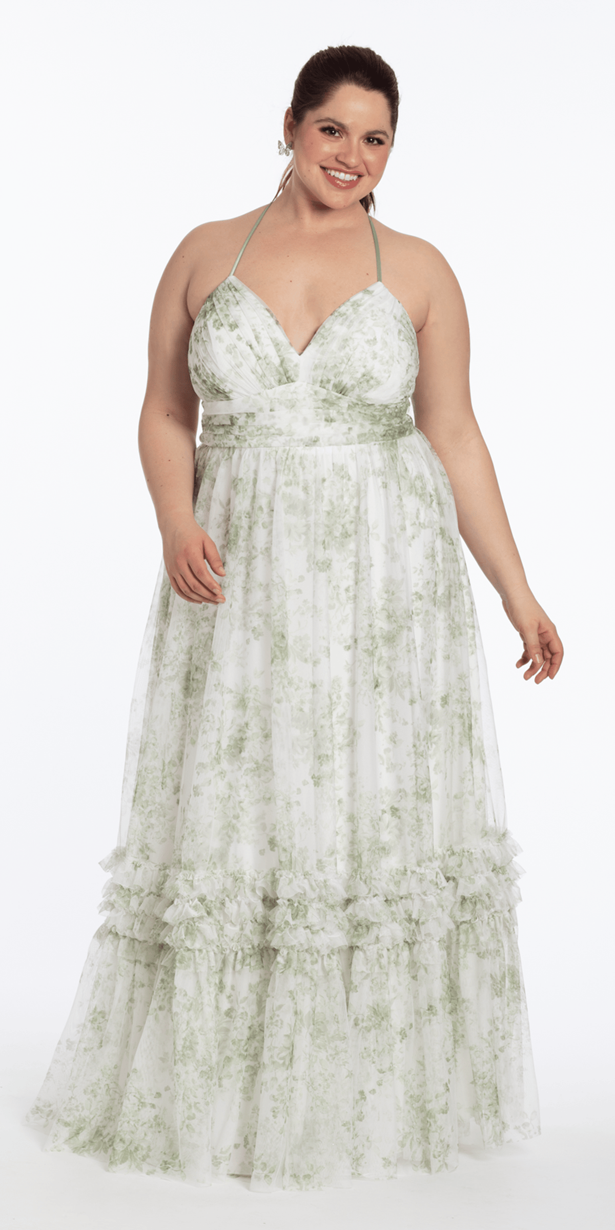 Floral Mesh Strappy Back Halter A Line Dress with Ruffle Tiered Hem