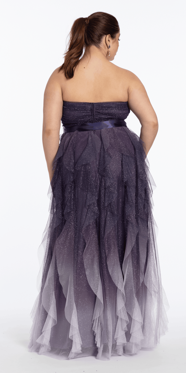 purple/size/14/plus/Camille La Vie/Pleated Strapless Ombre Glitter Mesh A Line Dress/back