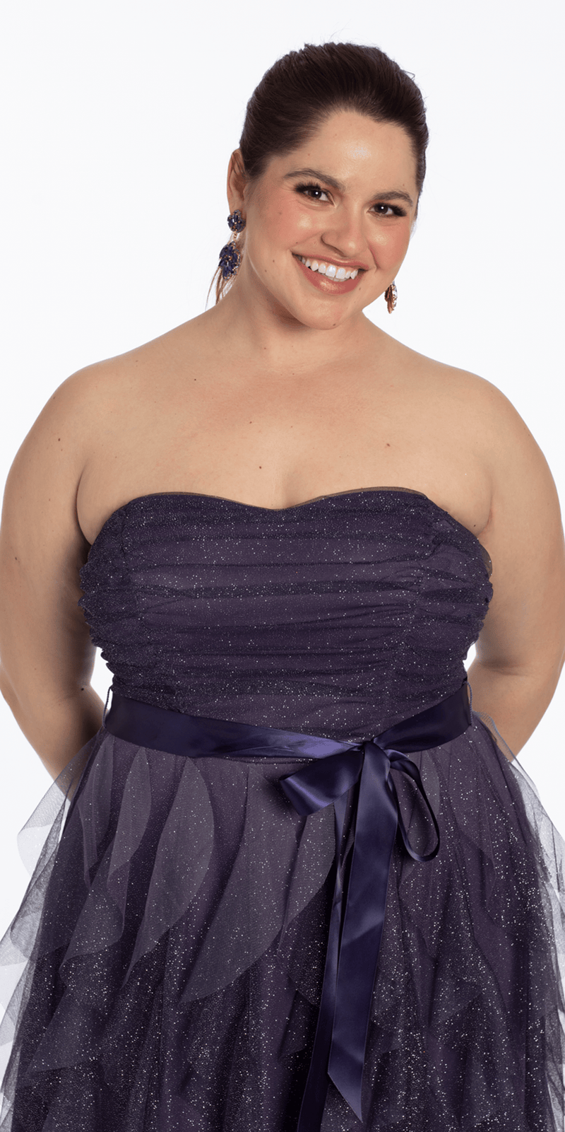 purple/size 14/plus/Camille La Vie /Pleated Strapless Ombre Glitter Mesh A Line Dress/close up