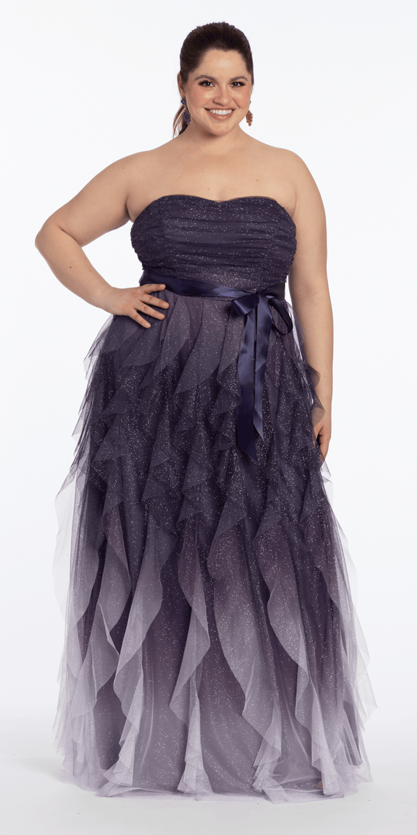 purple/size/14/plus/Camille La Vie/Pleated Strapless Ombre Glitter Mesh A Line Dress/front