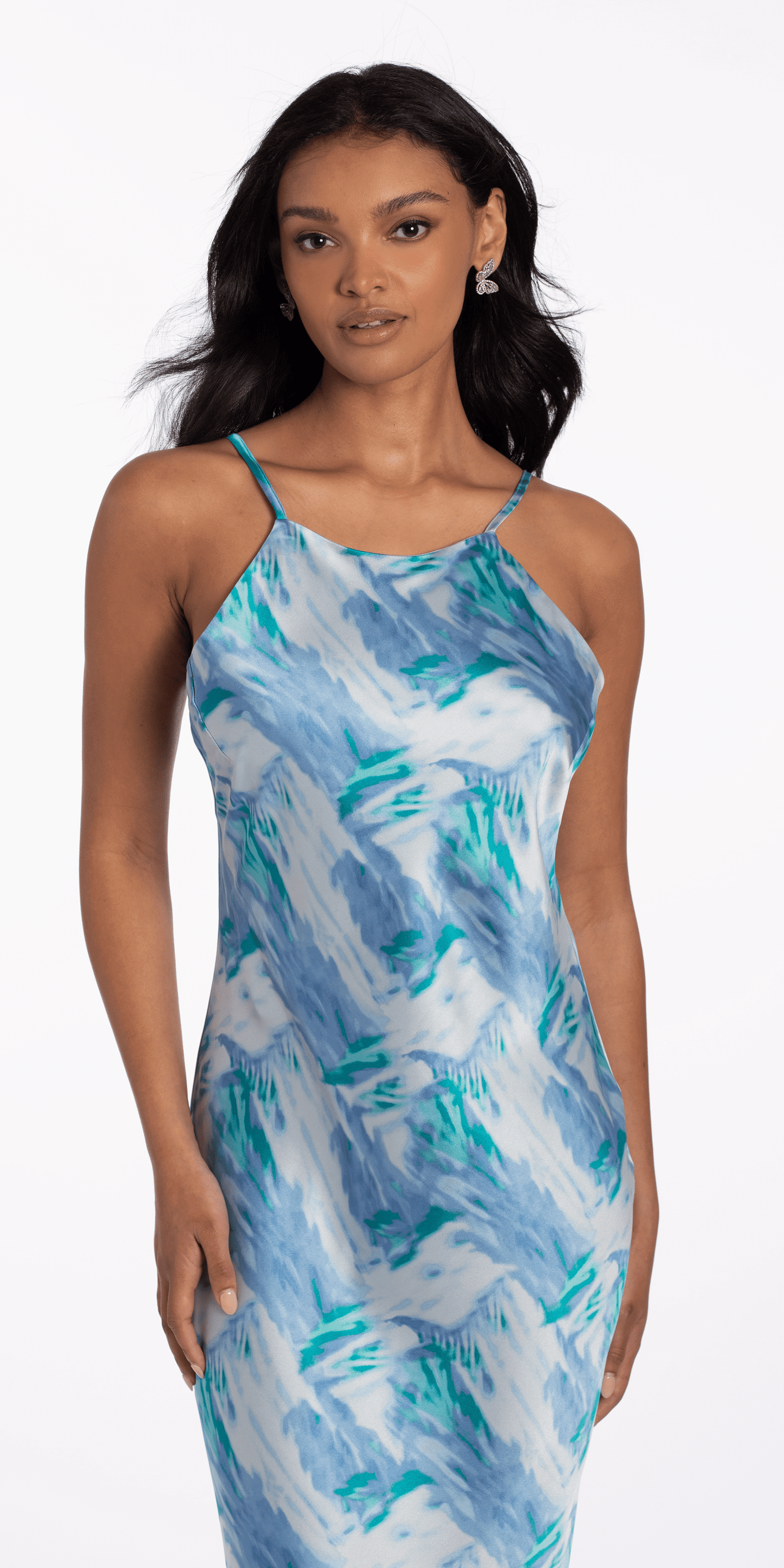 Camille La Vie/Satin Watercolor Strappy Back Halter Midi Dress/ missy/ Size/ S//blue/close up
