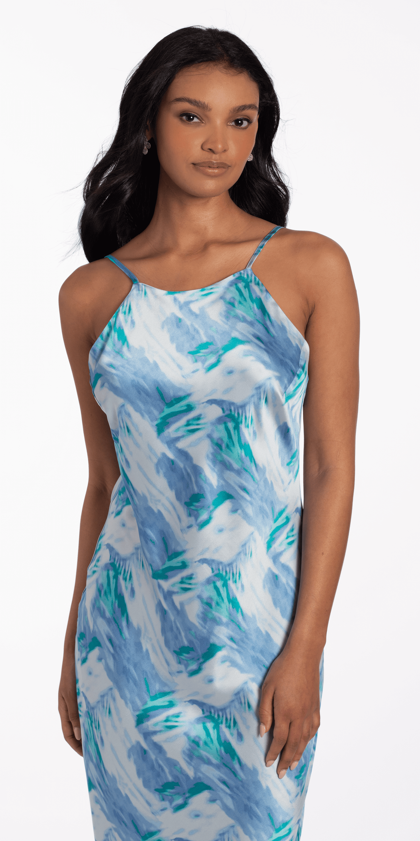 Camille La Vie/Satin Watercolor Strappy Back Halter Midi Dress/ missy/ Size/ S//blue/close up alt