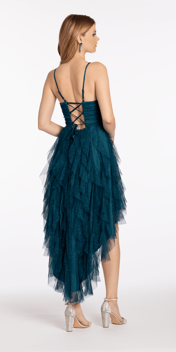 Scoop Neck Glitter Mesh Lace Up Back High-Low Dress Image 4