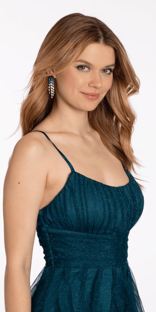 Scoop Neck Glitter Mesh Lace Up Back High-Low Dress Image 2