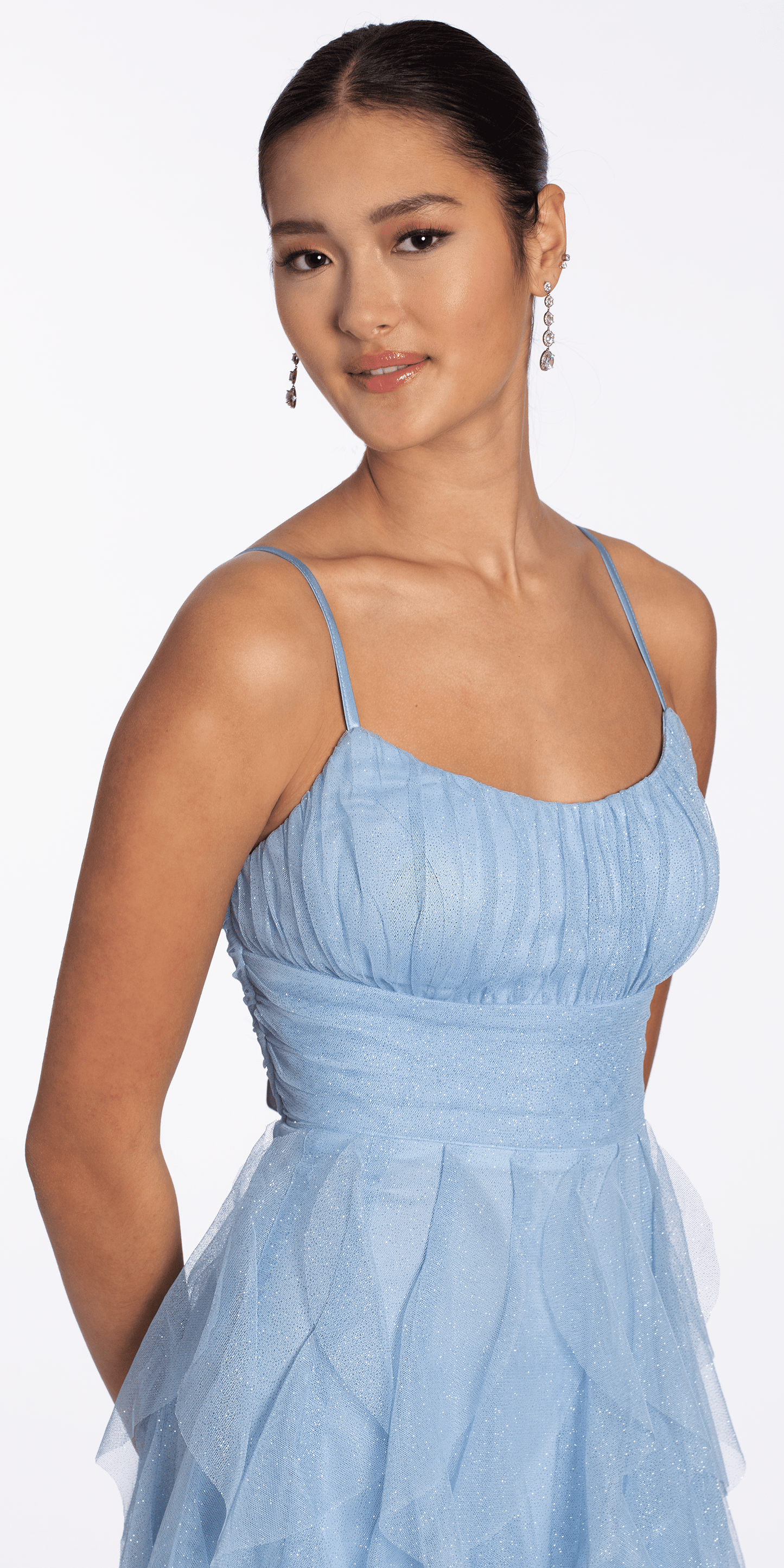Camille La Vie Scoop Neck Glitter Mesh Lace Up Back High-Low Dress junior / 4 / periwinkle