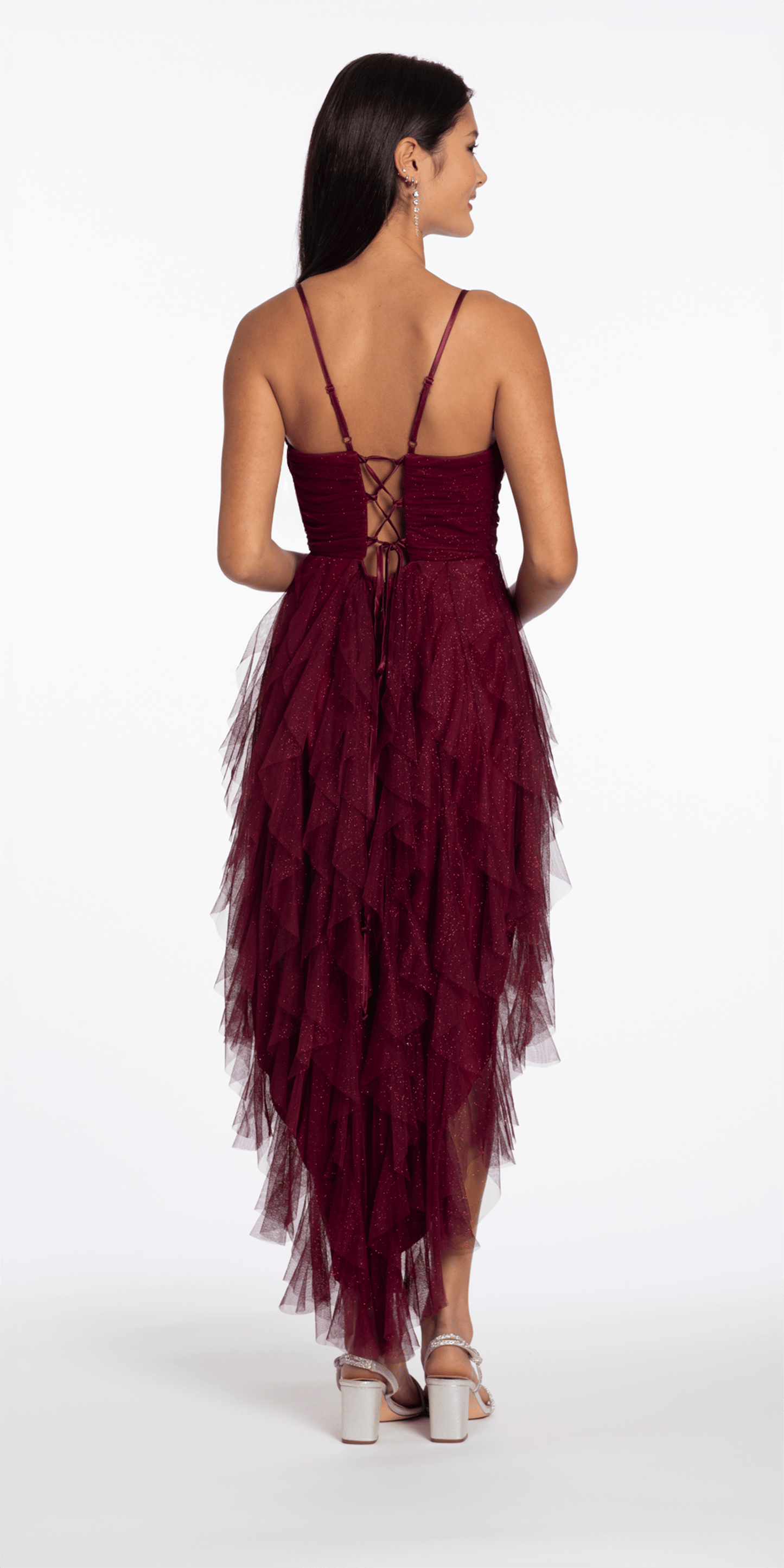 Camille La Vie Scoop Neck Glitter Mesh Lace Up Back High-Low Dress