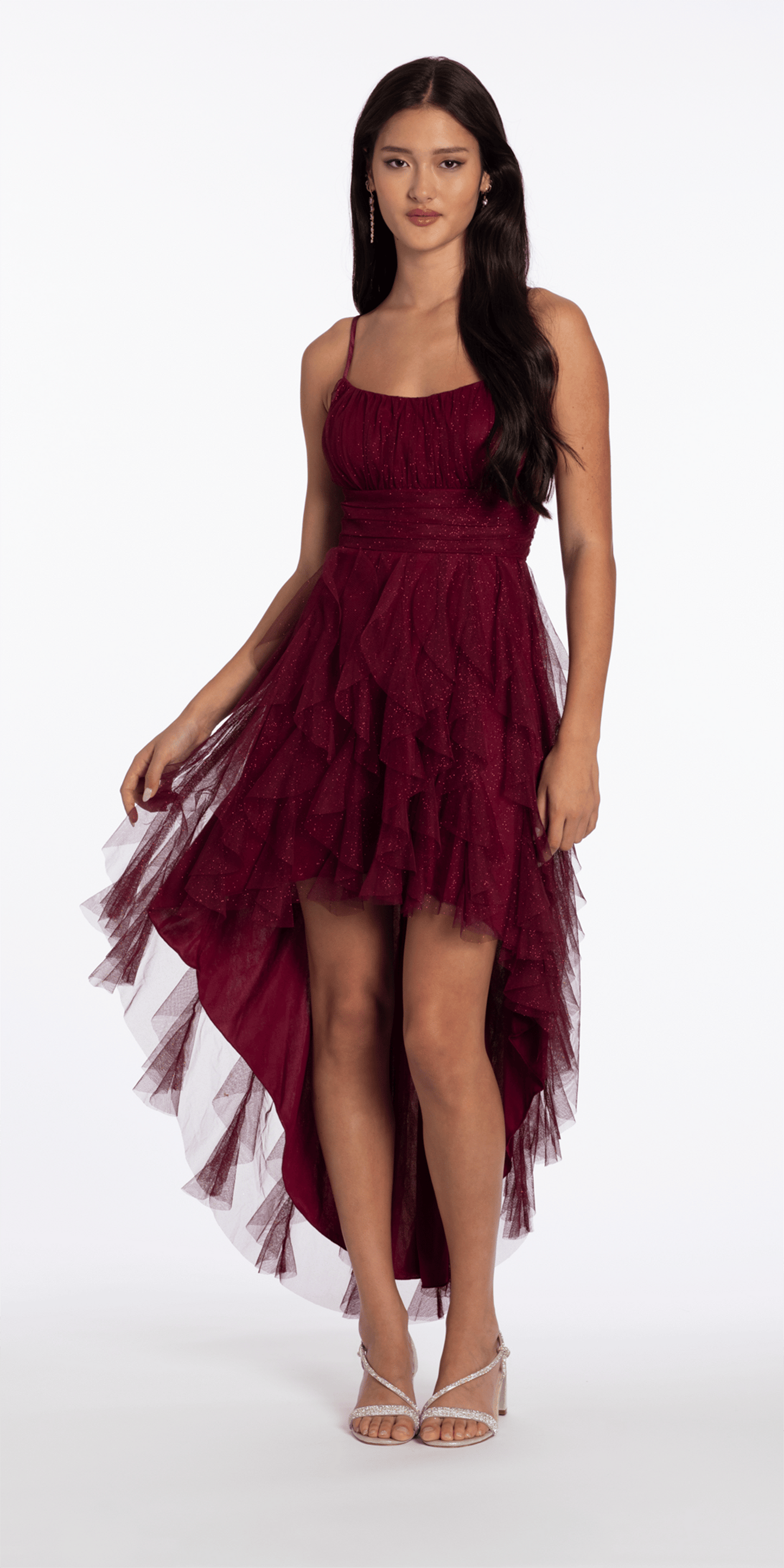 Camille La Vie Scoop Neck Glitter Mesh Lace Up Back High-Low Dress junior / 4 / wine