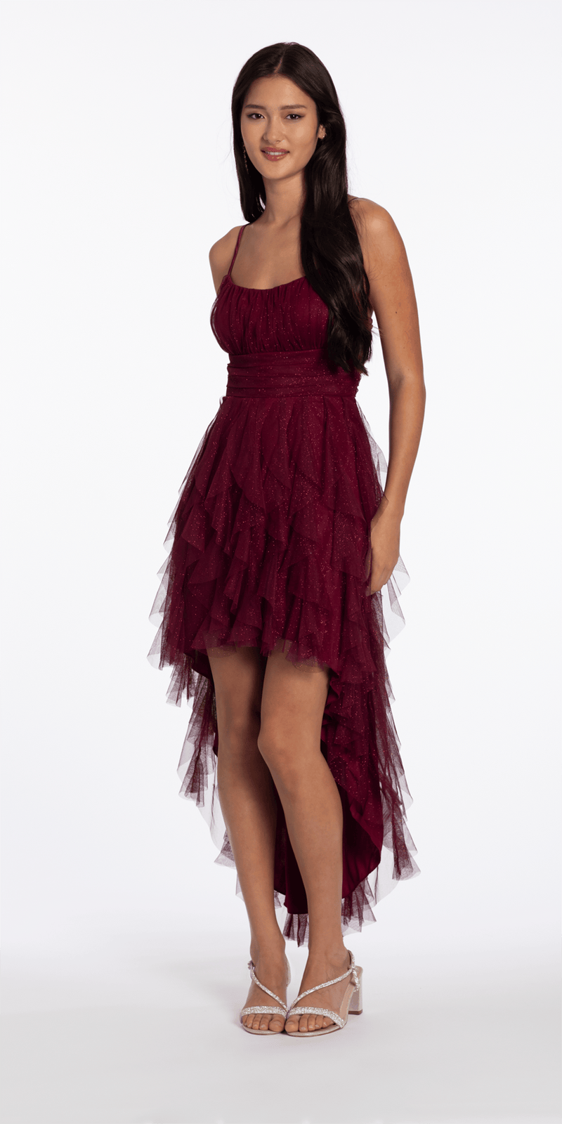 Camille La Vie Scoop Neck Glitter Mesh Lace Up Back High-Low Dress