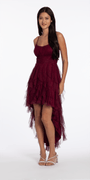 Camille La Vie Scoop Neck Glitter Mesh Lace Up Back High-Low Dress