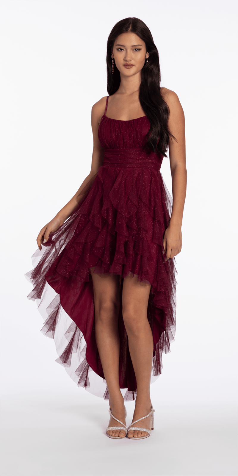 Camille La Vie Scoop Neck Glitter Mesh Lace Up Back High-Low Dress junior / 4 / wine