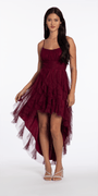 Camille La Vie Scoop Neck Glitter Mesh Lace Up Back High-Low Dress junior / 4 / wine