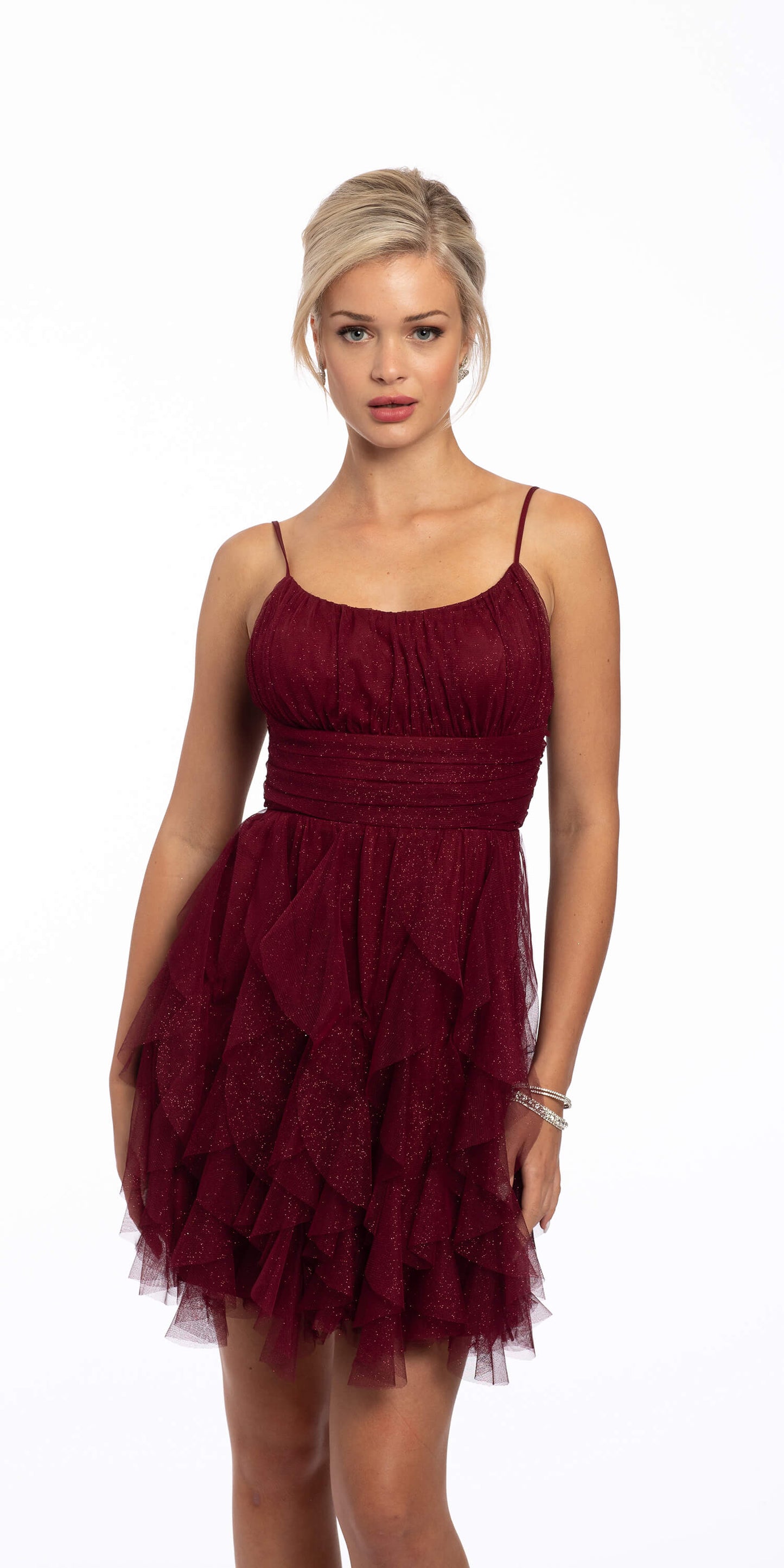 Camille La Vie Rouched Glitter lace Up Back with Corkscrew Skirt missy / 4 / burgundy