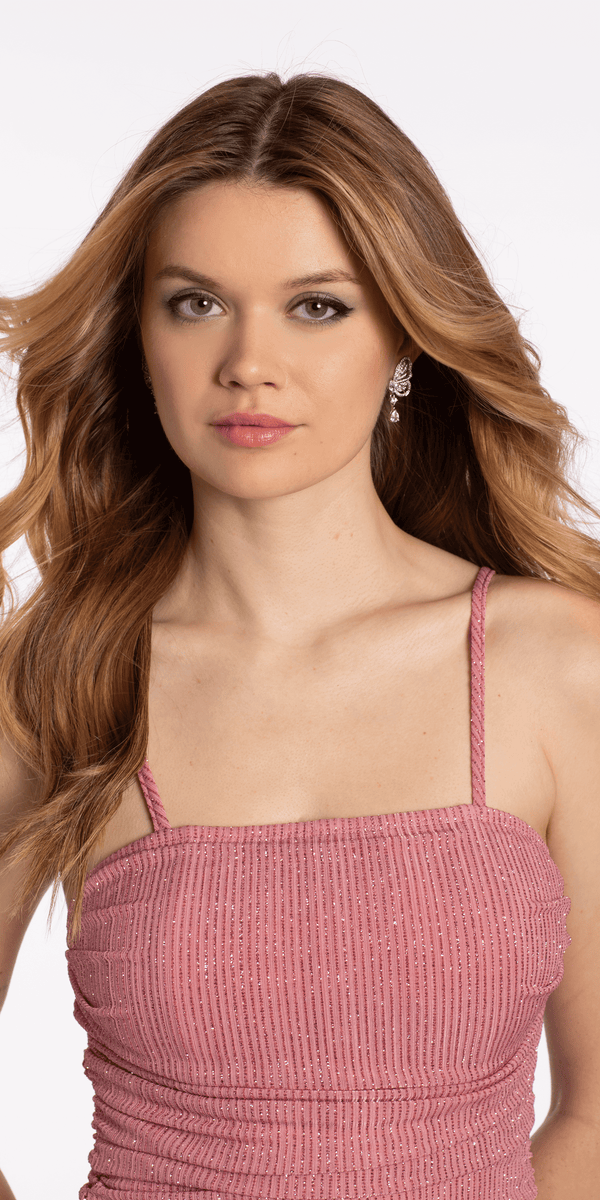 Pinstripe Glitter Square Neck Ruched Bodycon Dress - Camille La Vie