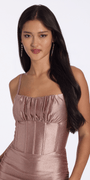 tan/size/s/missy/Camille La Vie/Strappy Back Stretch Glitter Satin Corset Bodycon Dress/close up