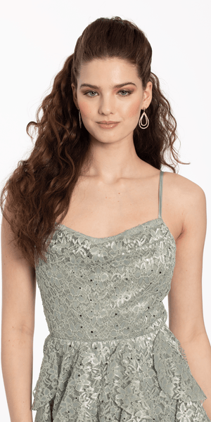Drape Neck Lace Fit and Flare Dress with Heat Set Beads Image 3