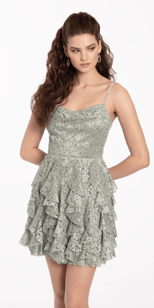 Drape Neck Lace Fit and Flare Dress with Heat Set Beads Image 1