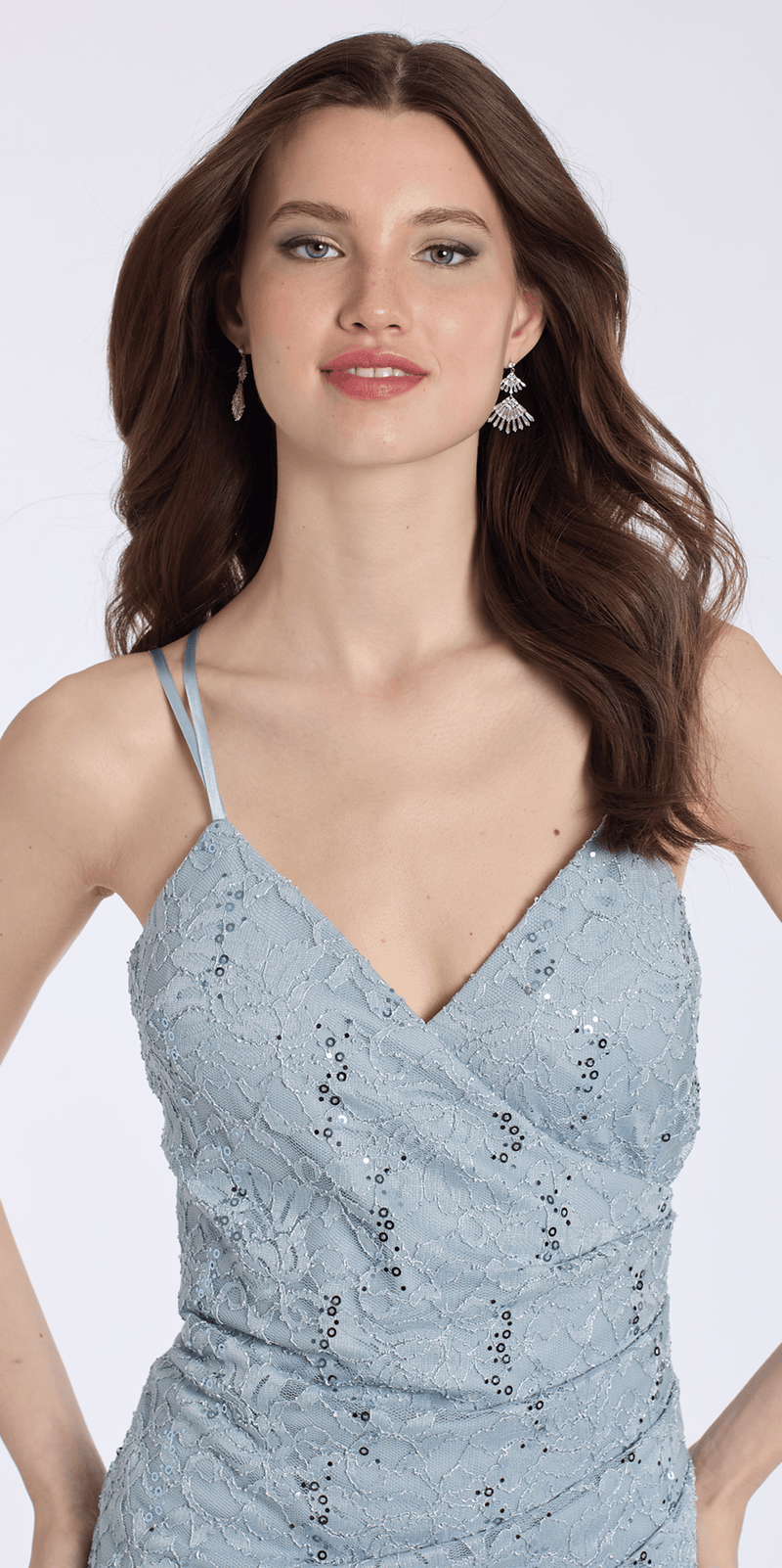 dusty-blue/size/s/missy/Camille La Vie/Sequin Lace Sweetheart Bodycon Dress with Ruching/close up