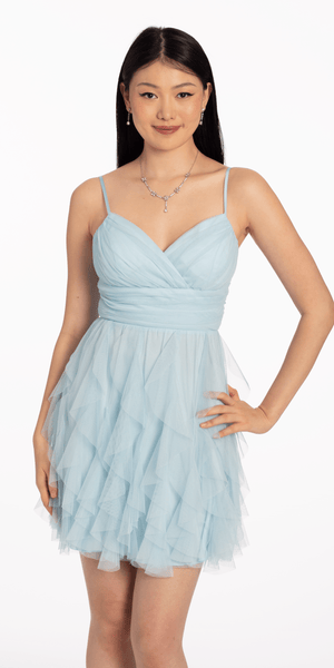 Mesh Ruffle Lace Up Back Fit and Flare Dress Image 1