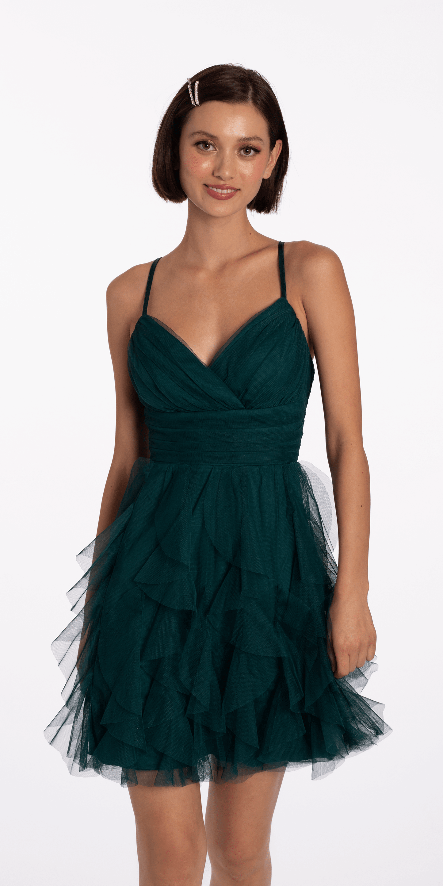 emerald/size/4/ missy/Camille La Vie/Pleated Mesh Sweetheart Lace Up Back Fit and Flare Dress/front