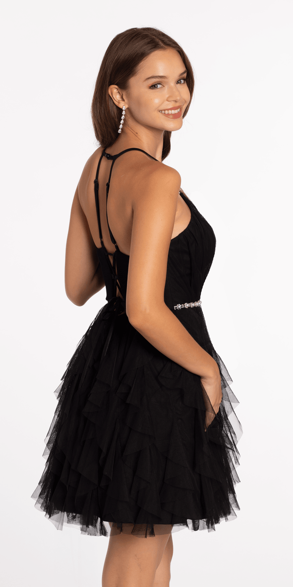 black/size/4/missy/Camille La Vie/Mesh Plunge Fit and Flare Dress with Pearl Waist Detail /back