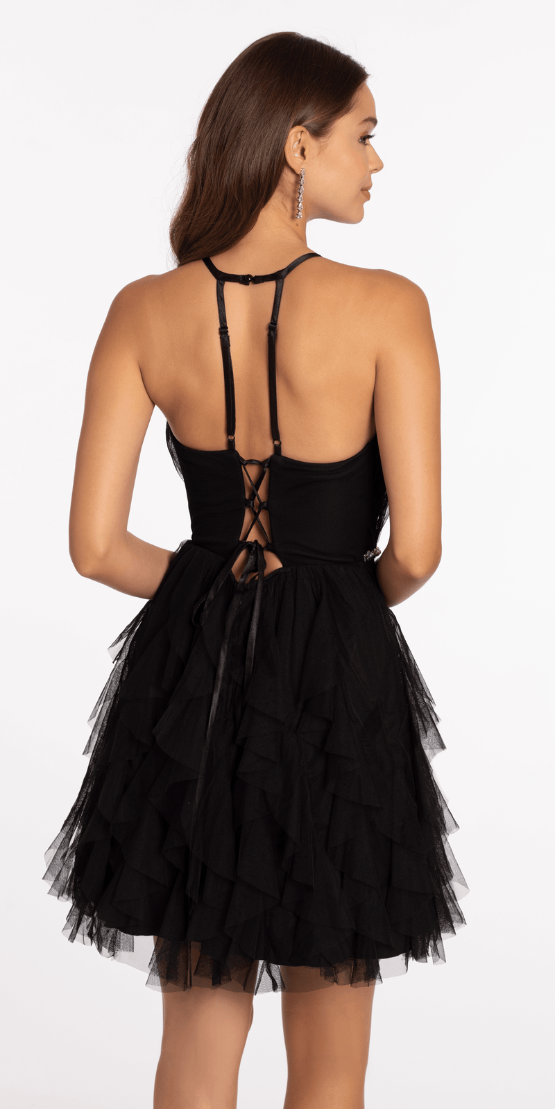 knee length dresses for ladies Embellished Long Flare Sleeve Mesh A Line Short Dress Embellished Mesh –  The Dress Outlet main image 0