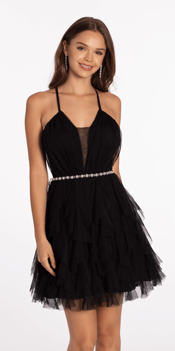 black/size/4/missy/Camille La Vie/Mesh Plunge Fit and Flare Dress with Pearl Waist Detail /front alt 1