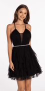 black/size/4/missy/Camille La Vie/Mesh Plunge Fit and Flare Dress with Pearl Waist Detail /front alt 1