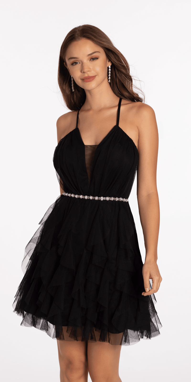 Mesh Plunge Fit and Flare Dress with Pearl Waist Detail junior / 8 / Black