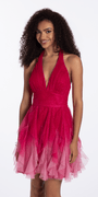 Camille La Vie Ombre Glitter Mesh Halter Fit and Flare Dress