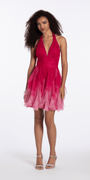raspberry/size/4/missy/Camille La Vie/Camille La Vie/ Ombre Glitter Mesh Halter Fit and Flare Dress/front