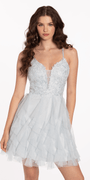 Plunging Glitter Cascade Fit and Flare Dress with Lace Bodice Image 5