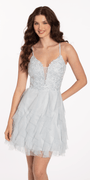 Plunging Glitter Cascade Fit and Flare Dress with Lace Bodice Image 1