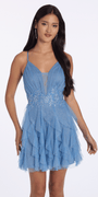Camille La Vie Glitter Illusion Tiered Plunge Fit and Flare Dress